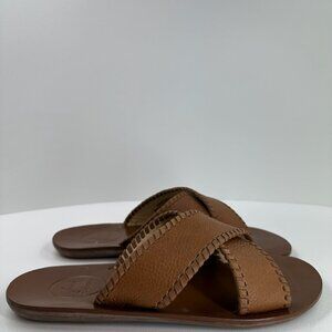 Jack Rogers Kane Slide Sandal Mens 10.5 Leather Whipstitch Criss Cross Flat Tan